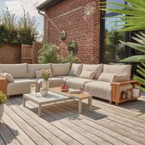 Salon de jardin aluminium crème et effet bois 7 personnes