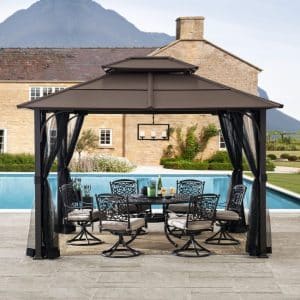 Tonnelle acier 3 x 3,6 m toit rigide avec moustiquaire