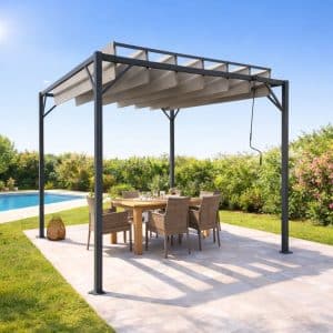 Pergola bioclimatique autoportante acier 3x3 m lames orientables beige