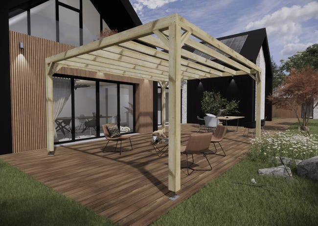 Pergola adossée bois pin 4,99x4,04m 20m²