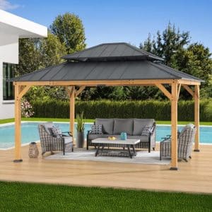 Tonnelle bois cèdre 3,9 x 4,5 m toit acier